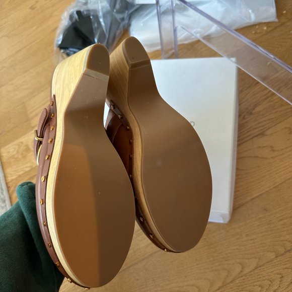 NWT Veronica Beard Hedrix Clog Woodgrain Platform Leather Buckle Sz 9 Hazelwood - Picture 12 of 14